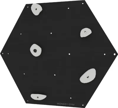 A hexagonal climbing wall with several handholds attached.