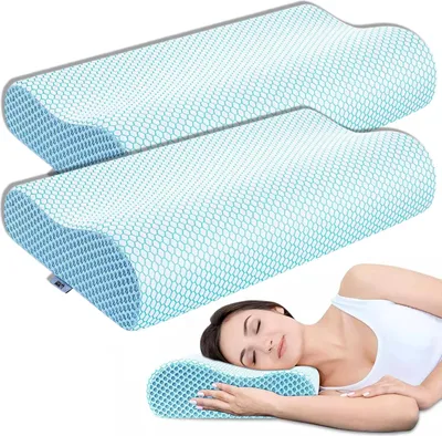 Produktbild von 2er-Set orthopädische Memory-Schaum-Kissen von Linomag®, ergonomisches Design für Nackenstütze, Entspannung und Wirbelsäulenausrichtung, ideal bei Nacken- und Rückenschmerzen, für Seiten-, Rücken- oder Bauchschläfer, waschbarer Bezug, Weiß/Blau, 60 x 35 cm