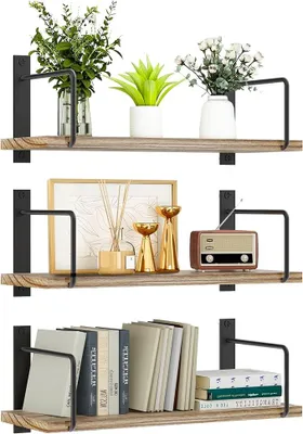 Produktbild von PolkaHome® Wandregal-Set aus 3 Massivholz-Schwebebrettern, Rustikale Holzregale für Wohnzimmer, Schlafzimmer, Küche, Bad – Natürliche