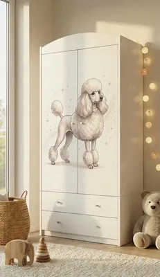 Immagine prodotto di Armadio per bambini con un motivo incantevole – Armadio a 2 ante per la cameretta, con 2 cassetti, asta appendiabiti e ripiani, bianco (88x187x54 cm)
