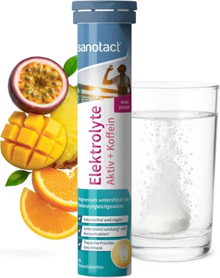 Produktbild von sanotact Elektrolyte mit Koffein - 20 Brausetabletten ohne Zucker - tropischer Geschmack - Fokus bei Morgenmüdigkeit & Hydration