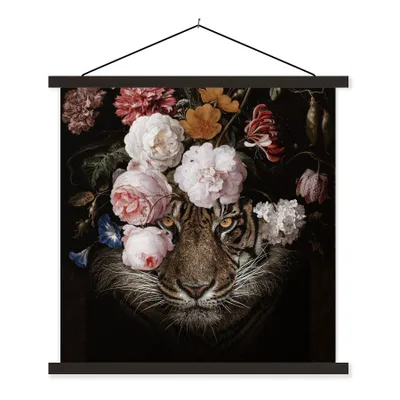Produktbild von MuchoWow® Textilposter Tiger - Blumen - Kunst 90x90 cm mit schwarzem Rahmen - Magnetisches