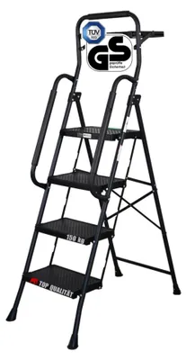 Produktbild von Profi-Trittleiter klappbar mit  | mit Handbügel und Werkzeugablage | 4 geriffelte Stufen aus Kunststoff | HxBxT 160x51x87cm | Traglast 150kg | Stahl | Matt Schwarz