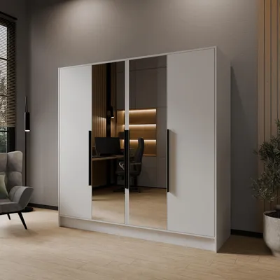 Produktbild von Masseno Drehtürenschrank RENVO 200/200/51 cm Modern Kleiderschrank 4-türig mit Spiegel Weiß