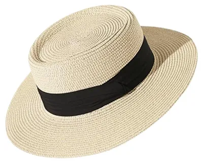 Immagine prodotto di Cappello da donna in paglia con tesa larga, protezione UV, taglia 56-58 cm, color beige con fascia nera