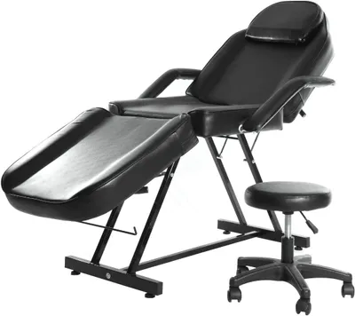 Obrázok produktu pre Masážny stôl, výškovo nastaviteľný – skladacie masážne lôžko – pre procedúry v salóne – s otočnou stoličkou – 180 x 61 cm – čierna farba