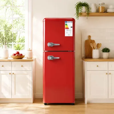 Zdjęcie produktu dla AIORBER – kompaktowa lodówka z zamrażalnikiem o pojemności 112 l, lodówka z zamrażalnikiem i 7 stopniami regulacji temperatury, regulowane półki, cicha praca, idealna do biura i domu, kolor czerwony