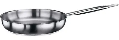 A stainless steel frying pan on a white background.