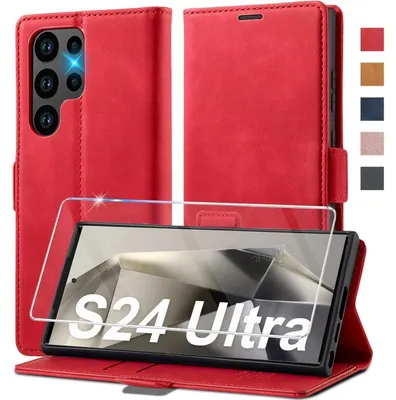 Image de Étui rabattable pour Samsung Galaxy S24 Ultra, en simili cuir rouge, avec film de protection