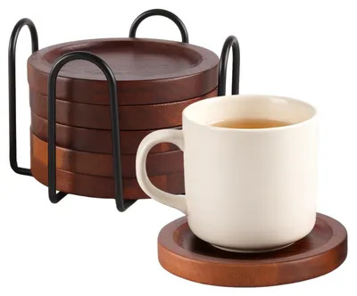 Productafbeelding van Omgoods - Set van 6 Ronde Acaciahouten Onderzetters met Houder - 10 cm