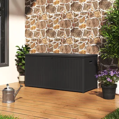 Produktbild von Livingandhome Gartenbox aus Kunststoff, 430L, 125 x 56 x 61.5 cm, mit Griffen und abschließbarem Deckel, Wetterfest, Schwarz