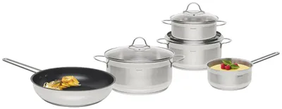 Produktbild von Edelstahl Topfset 5-teilig mit Kochtöpfen und Bratpfanne, Ø 16 cm, 20 cm, 24 cm