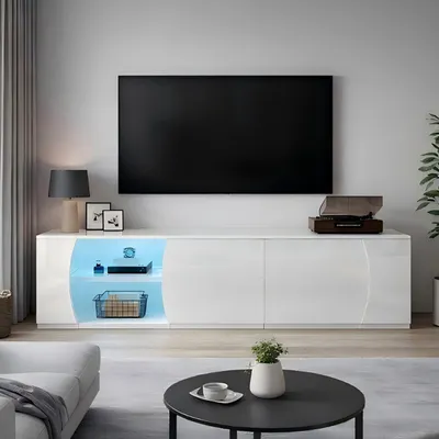 Produktbild von MODFU TV Lowboard Fernsehunterschrank Led Beleuchtung und Stauraum,TV-Schrank mit 3 Schranktüren,geeignet für 80-Zoll-Fernseher Weiß