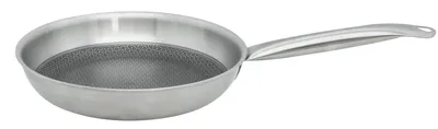 A stainless steel frying pan with a textured interior is shown against a white background.