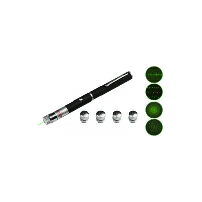 A black laser pointer with silver accents is shown on a white background, along with four detachable caps that create different light patterns.
