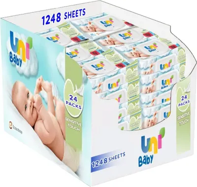 Produktbild von UNI BABY Feuchttücher Baby 1248 Tücher (24 x 52), Für 0-6 Monate 100% Natürliche getestete Babytücher, Getestete Baby Feuchttücher Sens