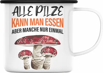 Produktbild von Trendation - Pilzsammler Geschenk Emaille Tasse Pilze Sammeln Emaille Emaille Tasse Geschenkidee Pilzsucher Pilzliebhaber (Schwarz)