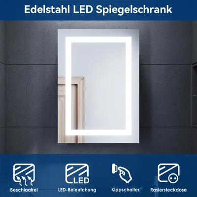 Produktbild von SONNI Spiegelschrank Bad LED mit Beleuchtung 50x70cm Beschlagfrei Rasiersteckdose Kippschalter Schiebetür Edelstahl IP44