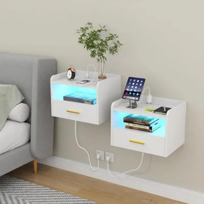 Image de Tables de chevet murales - Lot de 2 tables de chevet murales - Avec tiroir et compartiment ouvert - Avec prises électriques et ports USB - En bois - Blanc