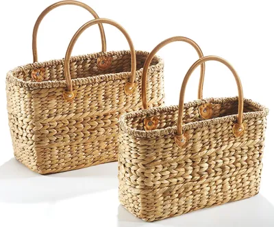 Obrázok produktu pre Sada tašiek Kobolo v 2 veľkostiach – košíkové tašky spletené z vodnej hyacinty – košík s koženými uchami, taška s rukoväťou, pikniková nákupná taška
