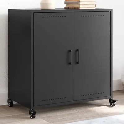 A dark gray metal cabinet with two doors and wheels sits on a light wooden floor against a white wall.