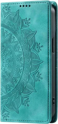 A close-up view of a teal flip phone case with an embossed mandala pattern.