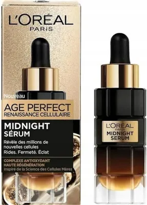 A product box and bottle of L'Oréal Paris Age Perfect Midnight Serum.
