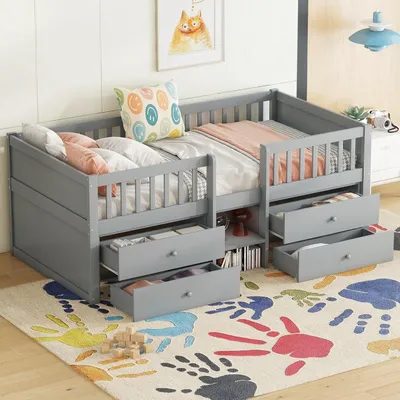 Image de Lit pour enfant – Lit pour adolescent – Lit simple – Structure en bois – Tiroirs de rangement – Barrière de sécurité – 90x200 cm – Gris
