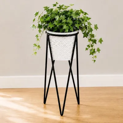 Produktbild von DanDiBo Blumenständer mit Topf Metall Weiß Rund 96043 S 50 cm Pflanzenständer Blumenhocker Beistelltisch Blumensäule Modern Pflanzenhocker