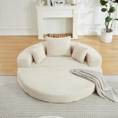 Produktbild von 2-in-1 Schlafsofa in Beige – Halbrundes Sofa verwandelt sich in rundes Tagesbett, Cord-Stoffbezug, ideal für kompakte Wohnräume und kleine Apartments