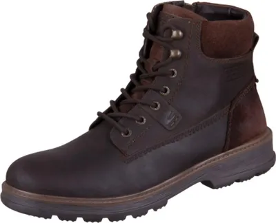 A single brown leather boot is shown against a white background.