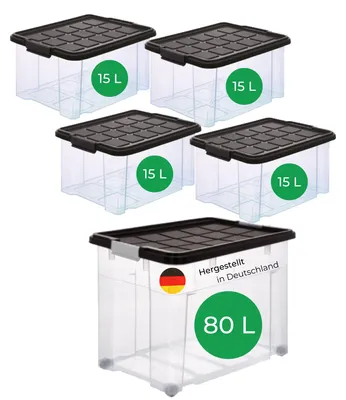 Produktbild von Novaliv 5 tlg Sparset Aufbewahrungsboxen mit Deckel Anthrazit 1x80 L + 4x 15L Nestbar stapelbar Clipverschluss Rollboxen BPA-frei