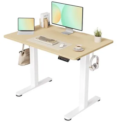 Zdjęcie produktu dla Azomor® Biurko z elektryczną regulacją wysokości, z białą ramą i beżowym blatem, zapewniające ergonomiczną pracę, 100 x 60 cm