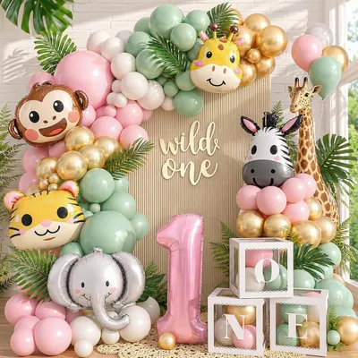 Productafbeelding van Verjaardagsdecoratie 1 jaar meisjes - 137 stuks jungle Wild One decoratie 1e verjaardag meisje met ballondoos folieballonnen