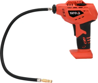 Produktbild von YATO, Modell YT-82895, Mini-Kompressor, ideal für das tragbare Aufpumpen von Reifen und Zubehör, 18V ohne Akku und Ladegerät, kompakt, leicht und professionell gestaltet.