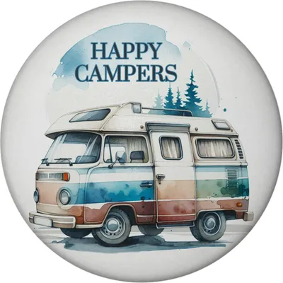 Produktbild von Campingwagen Magnet rund mit Spruch Happy Campers