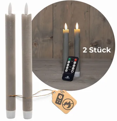Produktbild von Stabkerzen LED mit Timer TAUPE GRAU 2er indoor mit Timer Funktion 6 Stunden ECHTWACHS 18cm Höhe für Kerzen 2,2cm Durchmesser 2 AAA Batterien LED Stabkerzen flackernde Flamme bewegliche Flamme