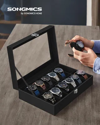 Obrázek produktu pro SONGMICS Krabička na hodinky s 12 přihrádkami, skleněné víko, nápad na dárek