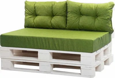 A pallet sofa with green cushions against a white background.