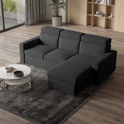 Zdjęcie produktu dla Masseno Narożnik PADWA z funkcją spania i pojemnikiem na pościel Kształt L, Rozkładana sofa, Rogówka - Grafitowy, POSO 34