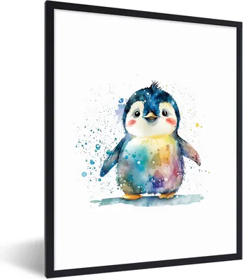 Produktbild von MuchoWow® Gerahmtes Poster Pinguin - Regenbogen - Aquarell - Tiere - Kinder 60x80 cm - Poster mit Schwarzem Bilderrahmen Wandposter Rahmen Foto Bilder - Premium - Wanddeko Wohnzimmer