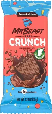 A product shot of a Mr. Beast Bar Crunch chocolate bar wrapper.