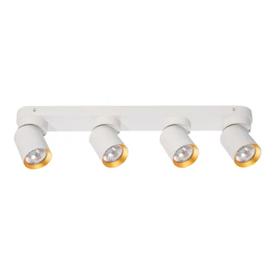 A white track light fixture with four adjustable spotlights, each with a gold interior.
