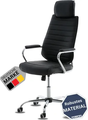 Produktbild von DELUKE® Bürostuhl Ergonomisch FUGOR Schreibtischstuhl mit Rollen | Höhenverstellbarer Drehstuhl, Arbeitsstuhl mit Kopfstütze | Chefsessel, Computerstuhl 125 kg | Schwarz