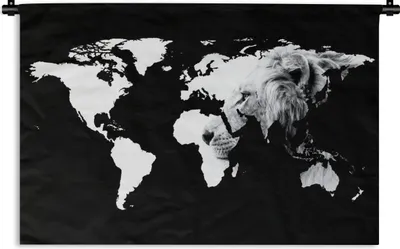 Produktbild von MuchoWow® Wandteppich Wandbehang Weltkarte - Schwarz - Weiß - Löwe 90x60 cm Tapisserie Dekoration Wandtuch - Wandskulpturen - Bildteppich
