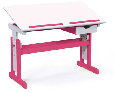 Kinderschreibtisch PIJII Pink, weiß lackiert mit neigbarer Tischplatte und ausziehbarer Schublade, Gesamtansicht.