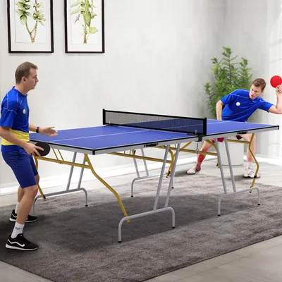 Produktbild von Tischtennisplatte mit Netz, klappbar, 274 x 152,5 x 76 cm, Blau, inkl. 2 Schläger und 3 Bälle, platzsparendes Tischtennis-Set für Indoor-Sport