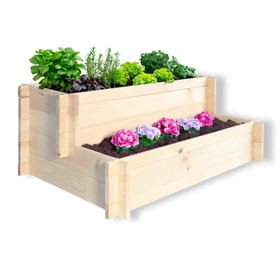 Produktbild von Stufenbeet mit 2 Stufen aus Kiefer natur Pflanzkasten Gemüsebeet Pflanztreppe für den Garten