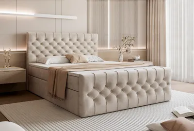 Produktbild von TAURIEL Boxspringbett 180x200 cm mit Stauraum – mit Matratze & Topper - Beige