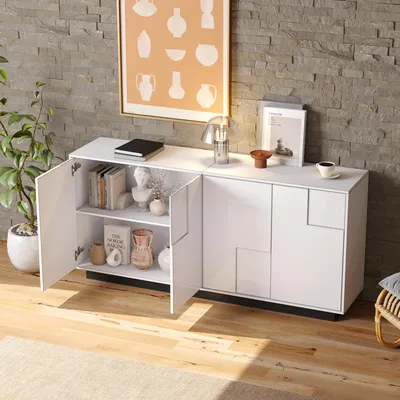 Produktbild von okwish Sideboard Unterschrank mit vier Schranktüren,Hochglanzschrank mit Ablagefläche für Aufbewahrung,kommde mit Rückstellmechanismus,Weiß